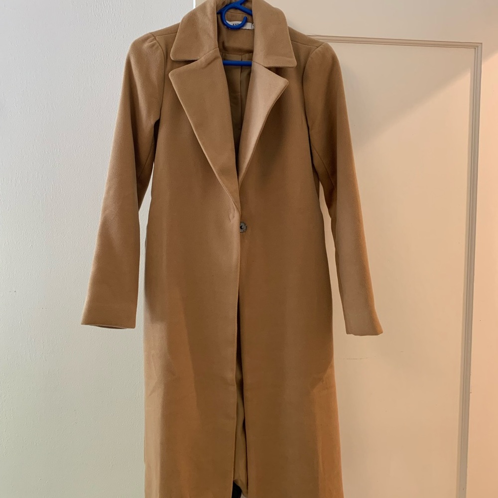 Just Fab Belted Oversized Wool Coat in Camel color
